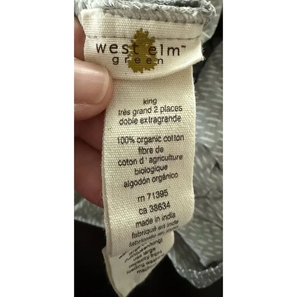 West Elm Organic Cotton King Duvet Cover Gray White Pintuck Button Closure